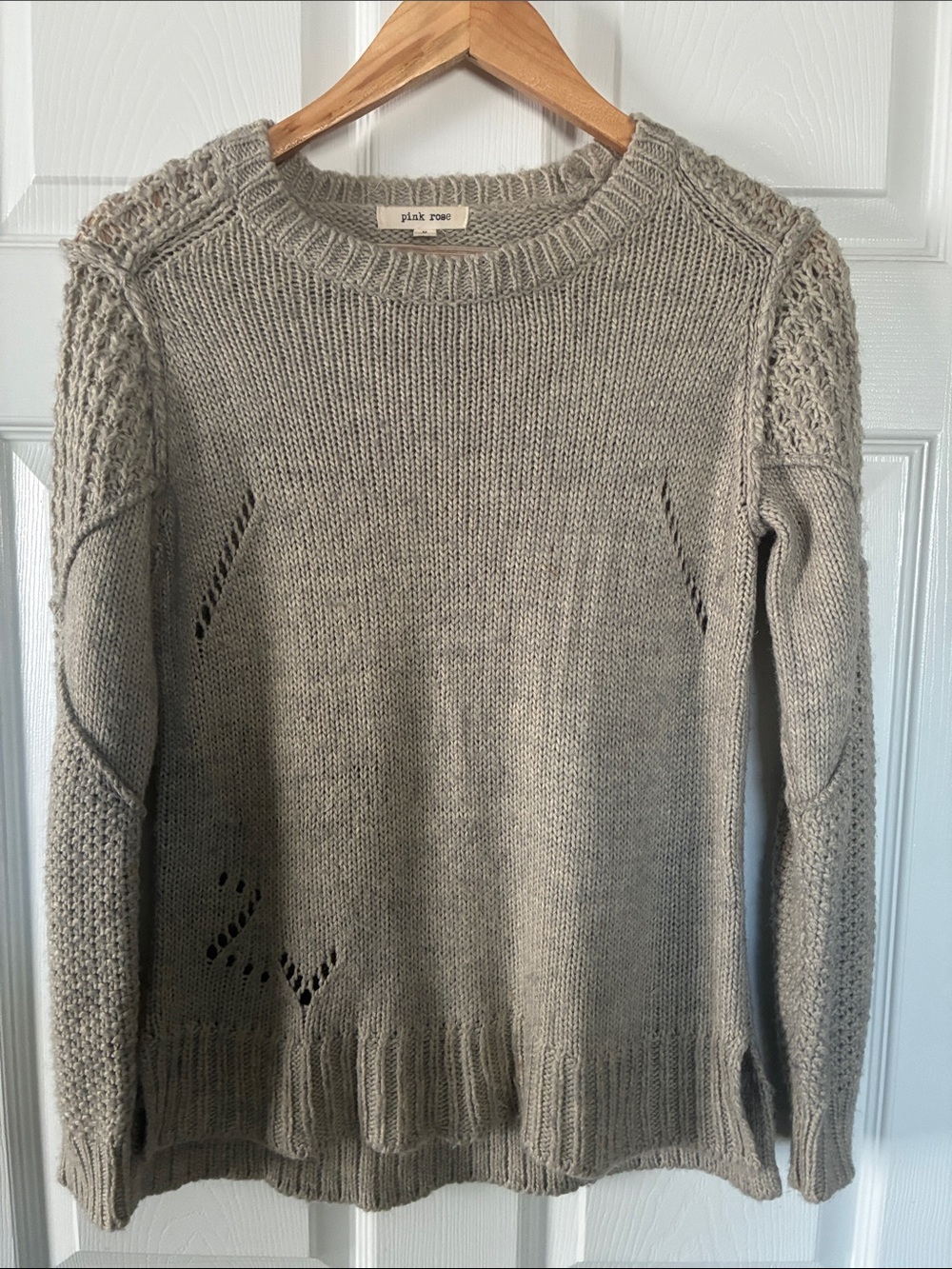 Pink Rose Neutral Taupe Crewneck Sweater with Textured Sleeves Size M
